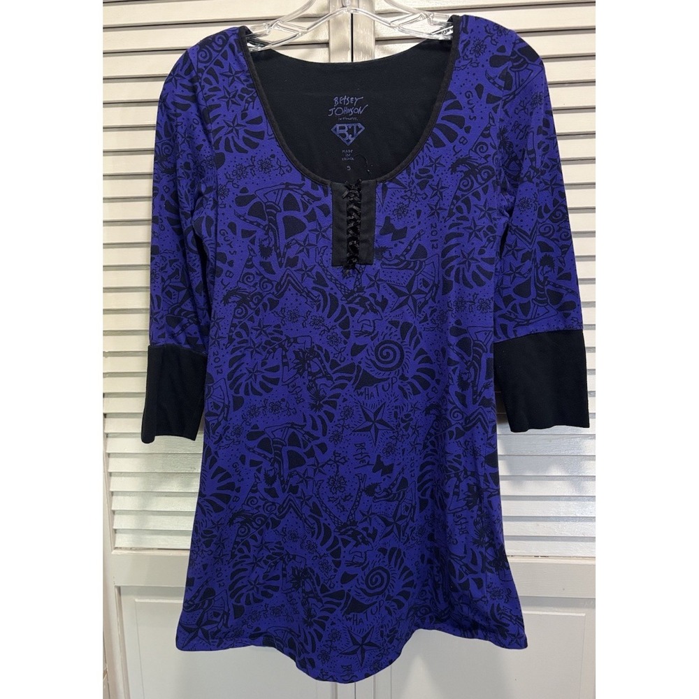 Betsey Johnson Intimates Graphic Print Nightgown Size Sm Bows 3/4 Sleeve